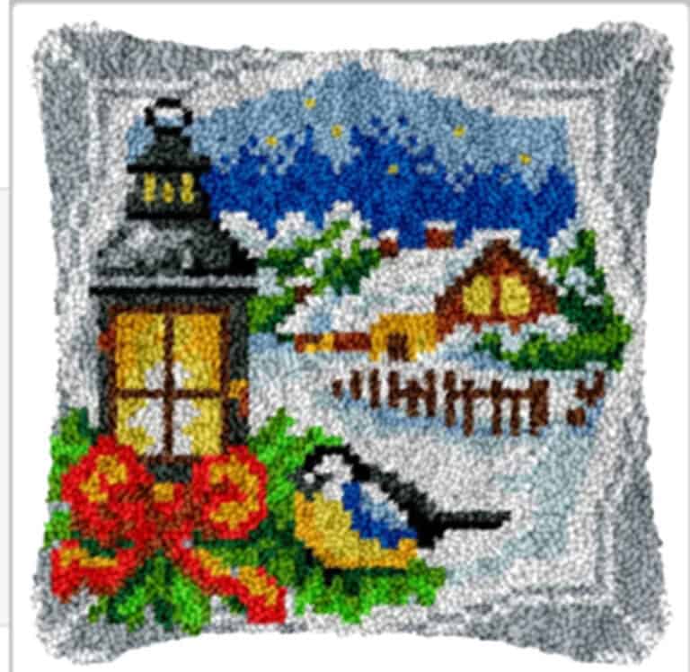 Coussin canevas cottage enneigé